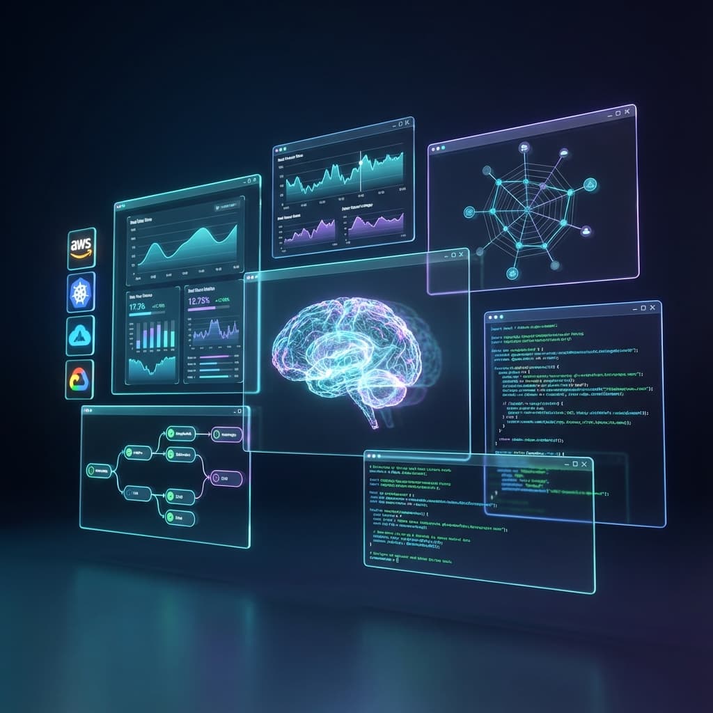 AstraOps AI-powered DevOps dashboard showing infrastructure monitoring, code analysis, and workflow automation