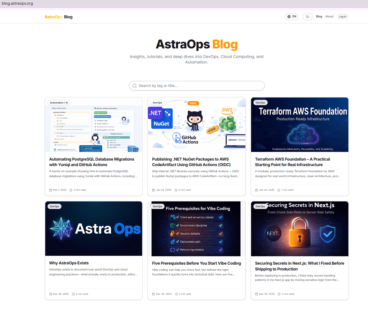 AstraOps Blog listing page with 6 technical articles and cover art