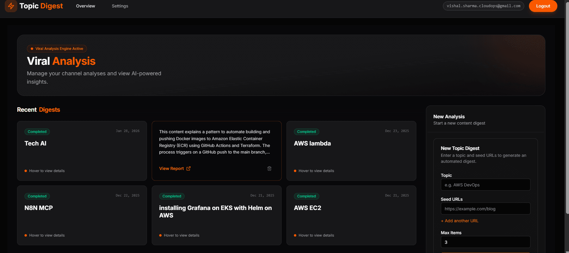 Topic Digest dashboard showing completed AI content analyses